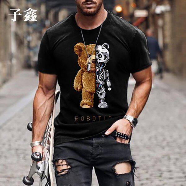 

men's street fashion t-shirt loose bear print casual top, White
