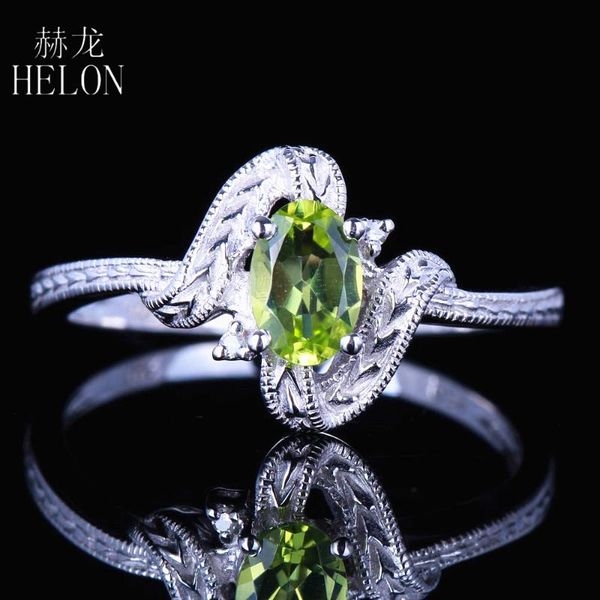 

cluster rings helon solid 10k white gold certified oval 4x6mm genuine natural peridot & diamond vintage antique women engagement wedding rin, Golden;silver
