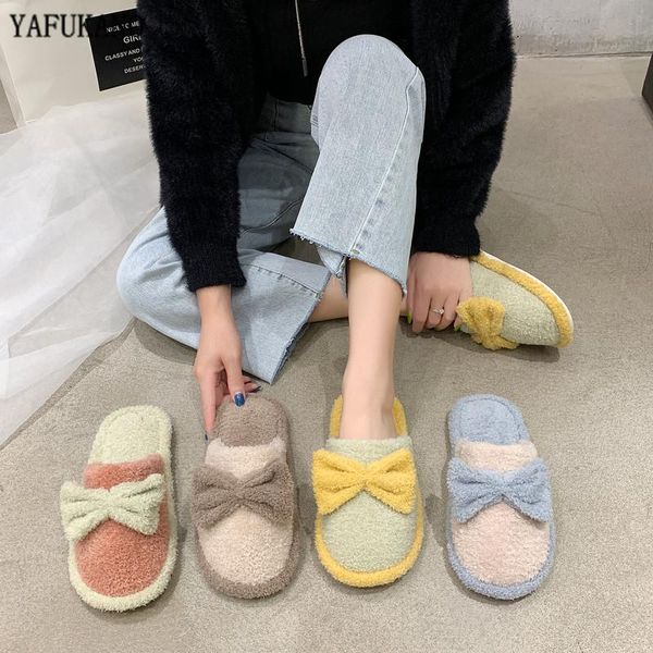 

sweet cute butterfly-knot cotton slippers 2021 indoor home womens fashion mixed colors furry flat floor, Black