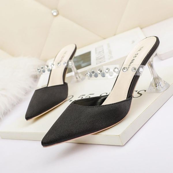 

slippers pointed toe crystal kitten heel women shoes summer 2021 satin high heels mules ladies slides for office, Black