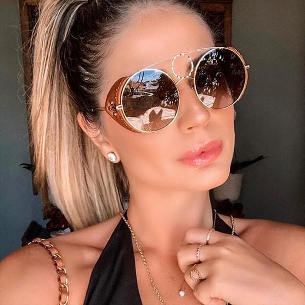 

celebrity round sunglasses women italy brand designer leather rivet punk sun glasses for female men trend sunglass, White;black