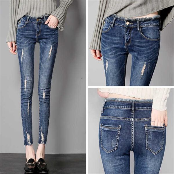 

korean version of holes women jean slim pants tight stretch small leg pencil, Blue