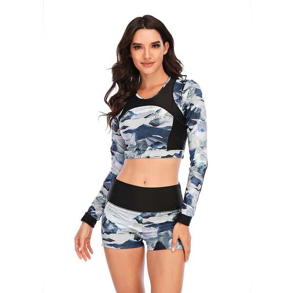 

women two pieces long sleeve rash guard set crop surf swimsuit with boyshorts 2210 two-piece suits