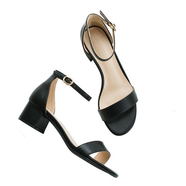 

word buckle sandals women 2021 summer pu strap 4cm thick high heels round toe shallow back shoes, Black