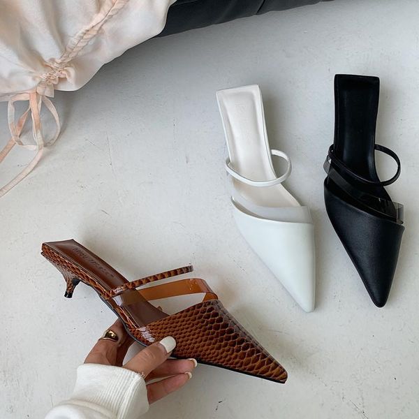 

slippers shoes low woman's heeled mules pointed toe slides fashion 2021 high cover thin luxury pumps fabric pu rubber basic fret, Black