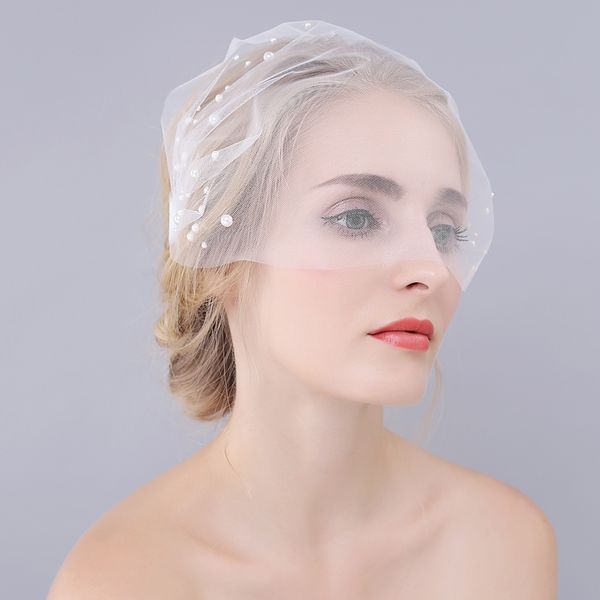 

o918 simple blusher marriage bride veil soft tulle cut edge one-layer pearls beaded wedding bridal headdress, Black