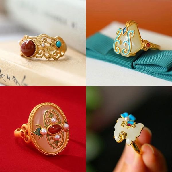 

cluster rings silver guochao antique cloisonne enamel ring inlaid with hetian jade unique sand gold craft opening adjustable women's, Golden;silver