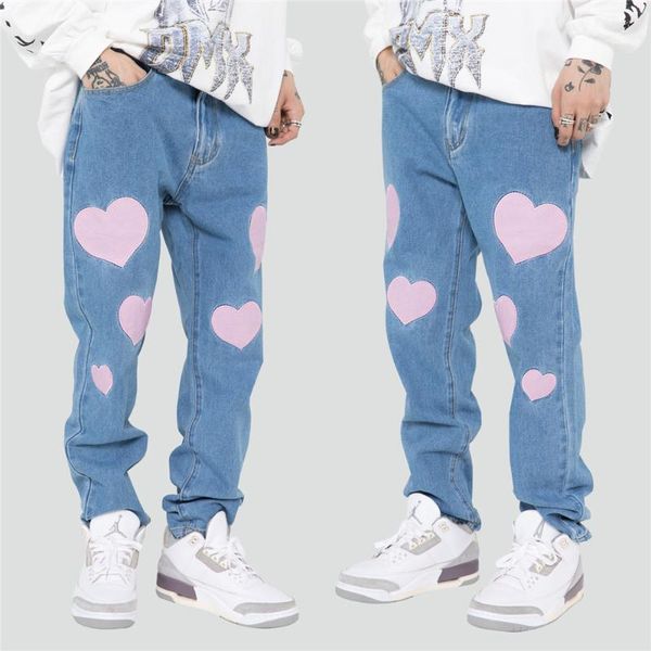 

men's jeans men women cut lovely hearts embroidery oversized hip hop fashion casual streetwear pants blue grey trousers