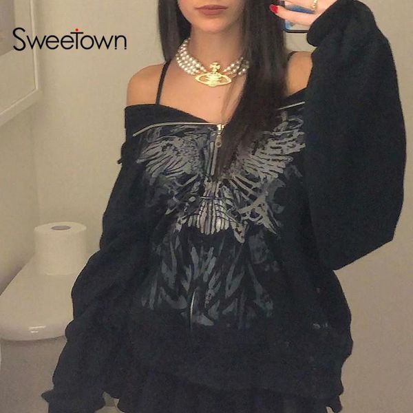 

women's hoodies & sweatshirts sweetown goth print black jackets women dark academic aesthetic techwear lantern sleeve autumn winter