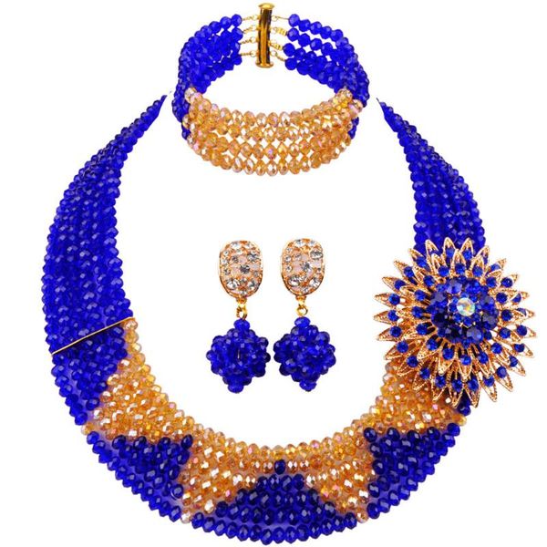

earrings & necklace royal blue and champagne gold ab african beads jewelry set crystal nigerian sets 6sj06, Silver