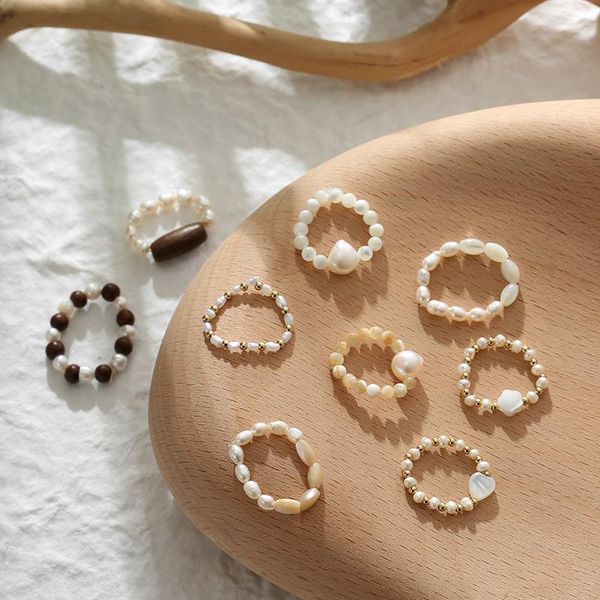 

korean natural pearl shell beaded adjustable rings for women handmade vintage wooden jewellery party gift wedding, Slivery;golden