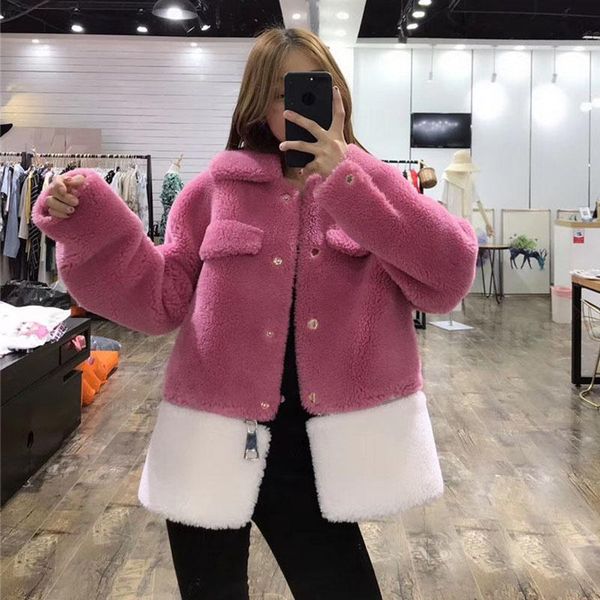 

women's fur & faux pink color wool blends coat removable jacket women winter fashion patchwork coats motorcycle plus size parka, Black