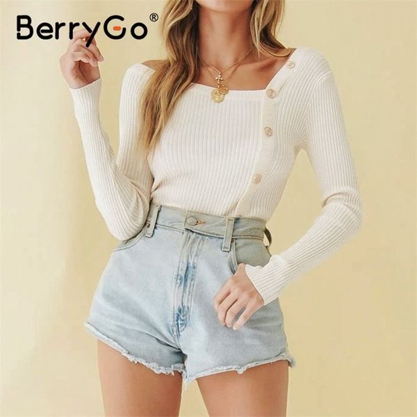 

berrygo knitted sweater women autumn winter long sleeve fashion button female ladies fitted white pullover jumpers 210513, White;black