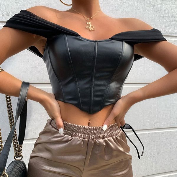

jocoo jolee elegant mesh off shoulder cropped v neck pu leather tanks vintage y2k skinny camisole party club tank 210518, White
