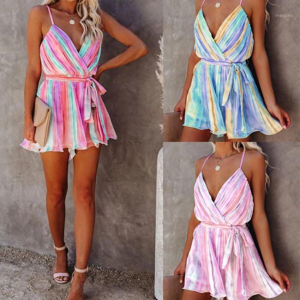 

casual dresses 2021 summer women v-neck sashes backless boho beach holiday mini ladies pink tie-dye lace-up spaghetti strap dress, Black;gray