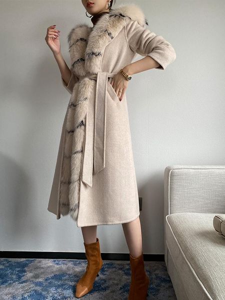 

women's wool & blends women"s luxury long real woolen cashmere coats with natural fur outerwear drop, Black