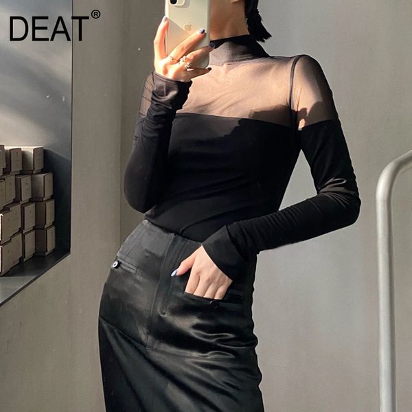 

slim see throw full sleeves stand collar mesh patchwork club women tank female fashion t-shirt wr12601l 210421, White