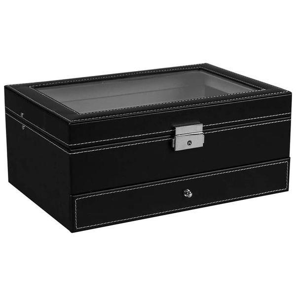 

watch boxes & cases 12 slot lockable storage jewelry display drawer case 2-tier organizer showcase with glass lid, Black;blue