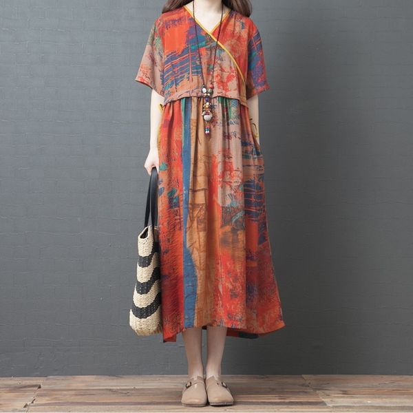 

original dress literature retro womens clothing 2021 cotton linen travel holiday dress loose long dress robe summer 11455, Red