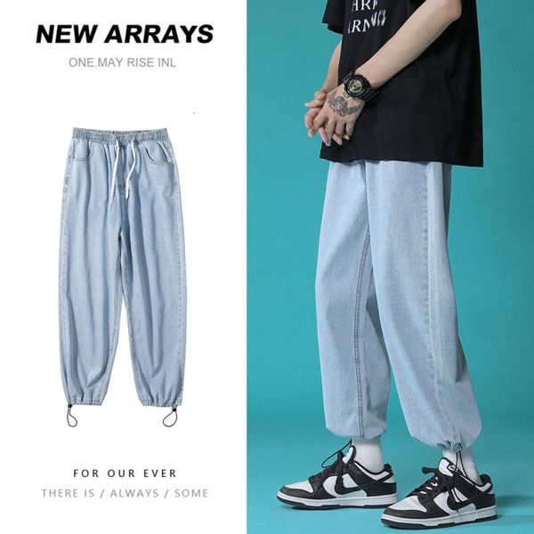 

men's jeans summer drawstring fashion retro blue men streetwear loose hip-hop straight denim trousers mens clothes -5xl qkfy