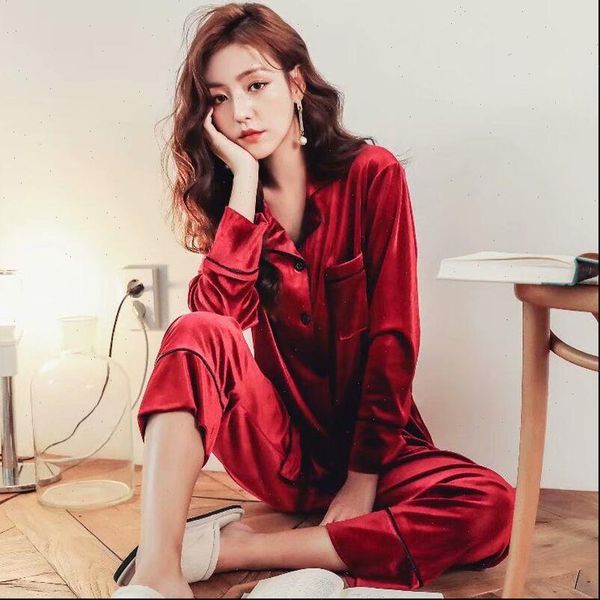

velvet pajamas set women sleepwear pyjama long sleeve shirt pants big size homewear pure color button 2piece, Black;red