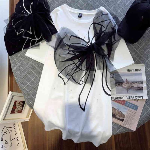 

summer women big bow t-shirts lady loose long white tees femme lace bow knot t-shirts 210722