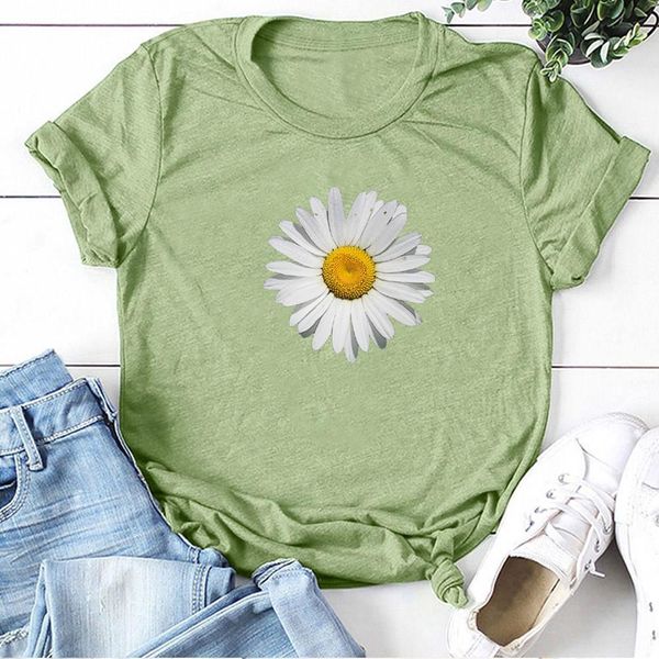 

daisy printing flowers summer womens casual crew neck tee simple camisas mujer, White