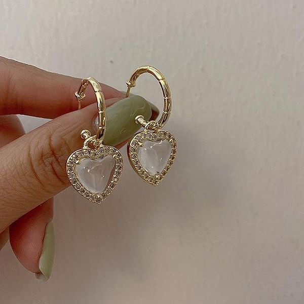 

hoop & huggie textured resin love heart cubic zircon earring for women girls black white shiny gold metallic jewelry pendientes, Golden;silver