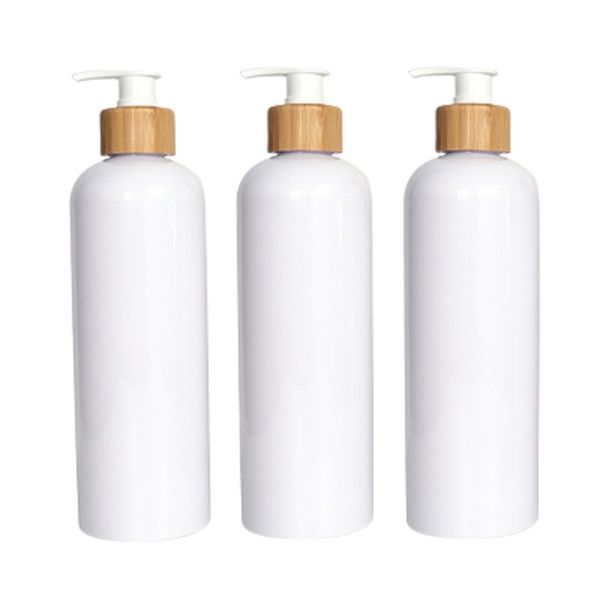 Bottiglia di plastica bianca lucida PET Collare in legno di bambù Pompa per lozione Shampoo vuoto Gel doccia Contenitore per imballaggio cosmetico ricaricabile 500 ml