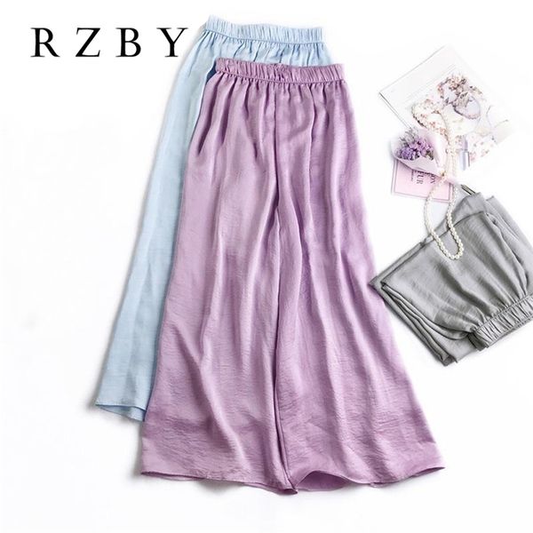 

wide leg pants silk women summer trousers leg loose pants ankle length casual trouser elastic waist rzby110 210925, Black;white