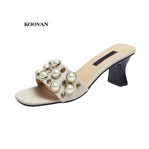 

koovan women's pearl slippers female summer footwear 2021 students thick heel rhinestone fashion high sandals, Black