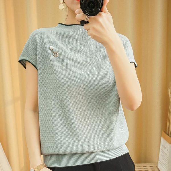 

women's cotton short sleeve turtleneck knit sweater solid color basic t-shirt loose casual, White