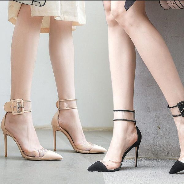 

women pointed toe high heel shoes lady casual pvc comfortable party wedding ankle wrap nude pumps sandals, Black