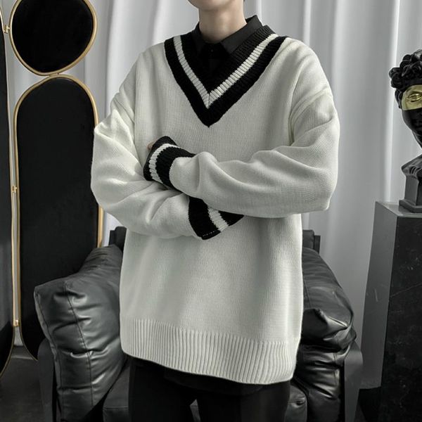 

men pullover simple striped preppy style v-neck couples knitted sweater male all-match causal chic retro comfortable streetwear, White;black