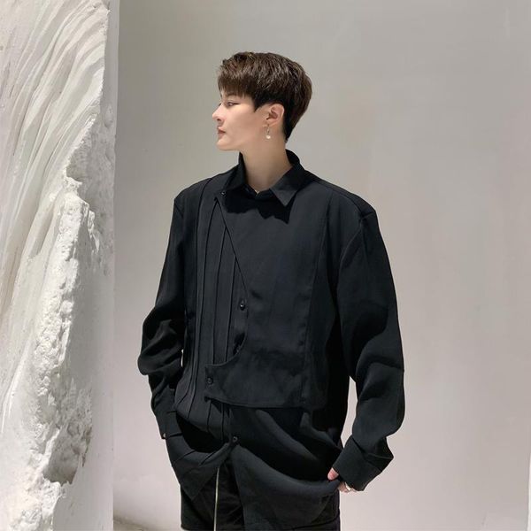 

men's casual shirts long sleeve shirt spring and autumn korean personality pleated design gentleman mature youth leisure loose large, White;black