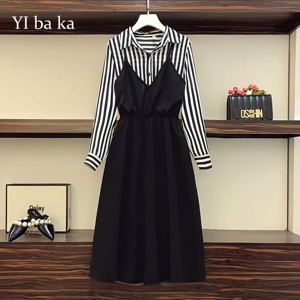 

casual dresses l-5xl plus size women office shirt dress 2021 long sleeve turn down collar patchwork stripe vintage autumn female, Black;gray