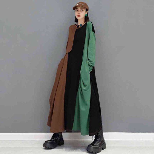 

casual dresses shengpalae fashion contrast color spliced derss women's autumn round neck loose long sleeve mid-calf dresses female f6o7, Black;gray