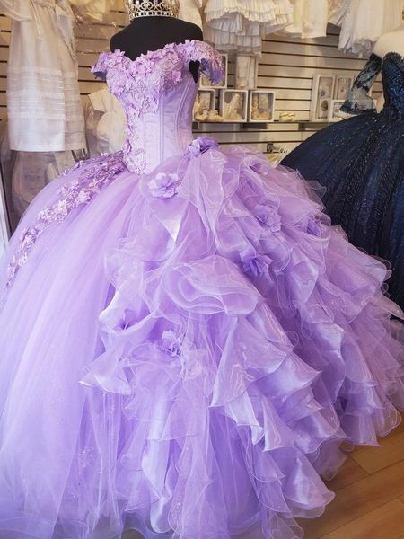 2021 роскошь Lavender Queen Quinceanera выпускные платья шаровые платья с рукавами на шнуровке 3D цветочные цветы кружева сладкое 15 вечернее платье