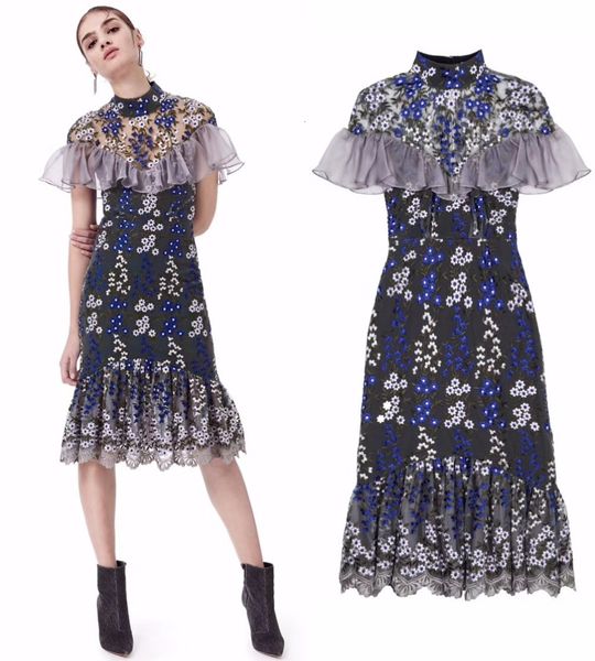 

fashion runway women autumn mesh floral embroidery patchwork cloak short sleeve ruffles bodycon knee long chiffon paryt dresses, White;black