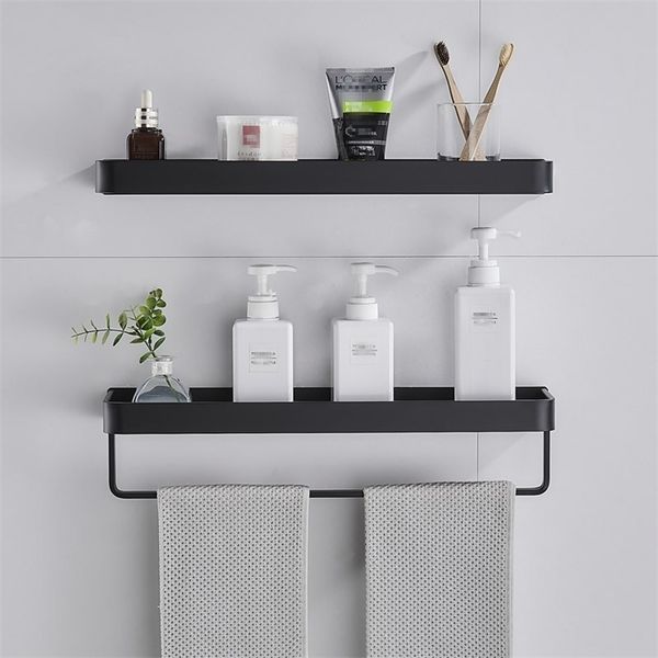 Mensola per asciugamani in alluminio nero Portaoggetti per bagno Vassoio a parete Vanity Shower Caddy Spice Organizer 30/40/50cm 211112