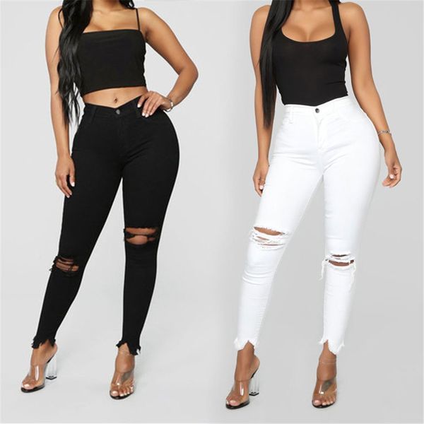 Jeans rasgados preto e branco para mulheres Jeans jeans finos Casual Calças skinny lápis Moda Roupas femininas plus size S-3XL