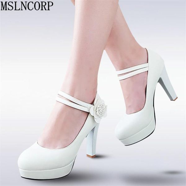 

plus size 34-43 women pumps hook loop ankle strap flower high heel woman hair ladies platform party wedding shoes dress, Black