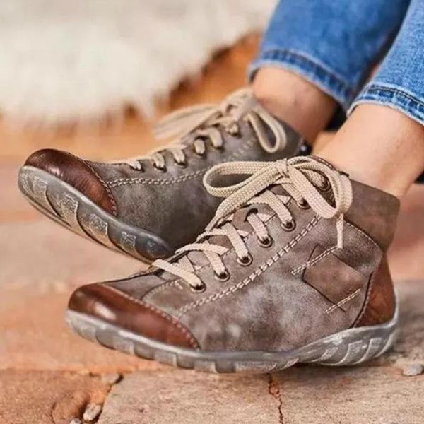

boots retro leather patchwork women short ankle wedges heel platform non slip sewing soft sole lace ladies shoes female winter, Black