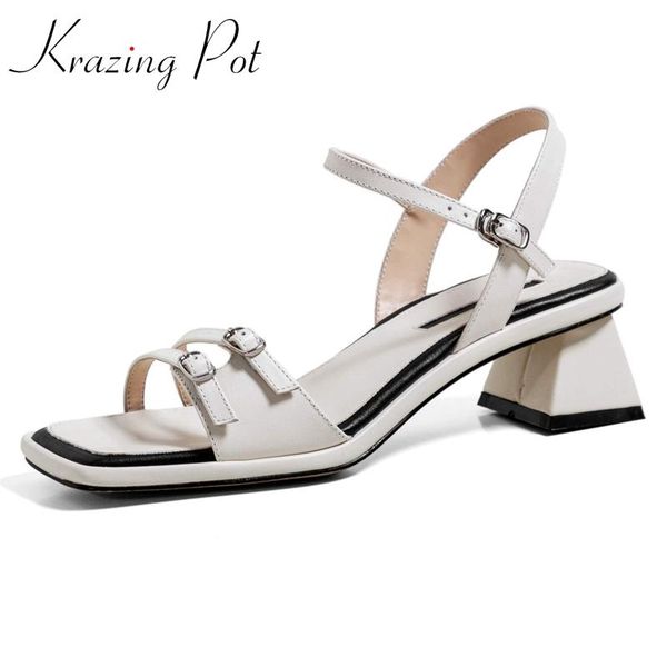 

krazing pot genuine leather square toe strange style mixed colors vintage simple buckle straps sandals women shoes l72, Black