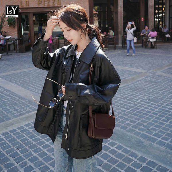 

ly varey lin spring women faux leather jackets elegant tie belt waist pockets buttons coats motor biker 210526, Black