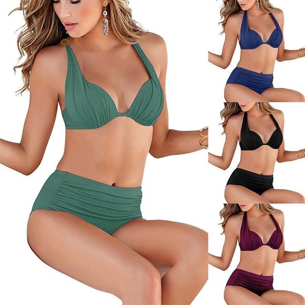 

women's swimwear bikini solid color high waist swimsuit women 2 pieces waisted bathing suits, White;black