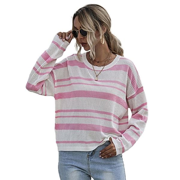 

women's sweaters women long sleeve knitted sweater round neck casual loose pullover striped tunic, White;black