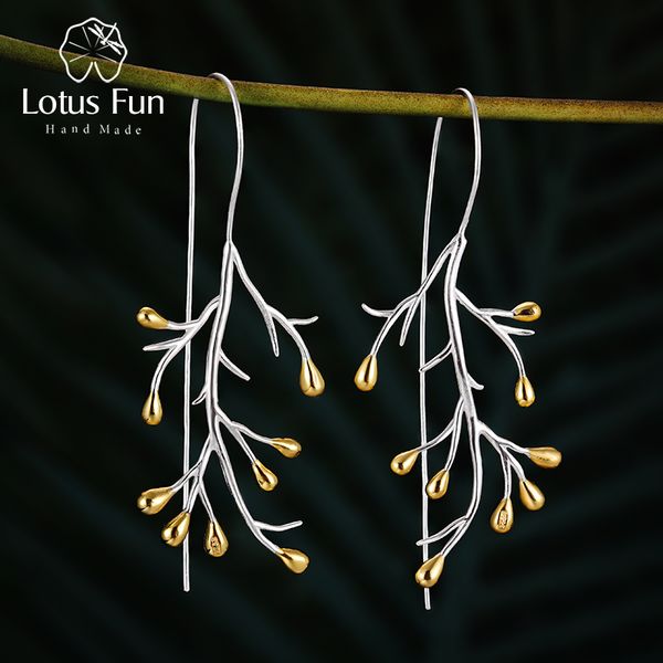

lotus fun real 925 sterling silver earrings natural creative fine jewelry statement tree fashion drop earrings for women brincos, Golden;silver
