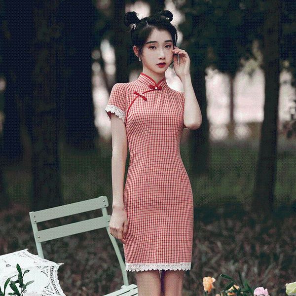

ethnic clothing chinese dress vintage plaid women oriental robe cheongsam modern qipao female china elegant casual party year clothes qi pao, Red