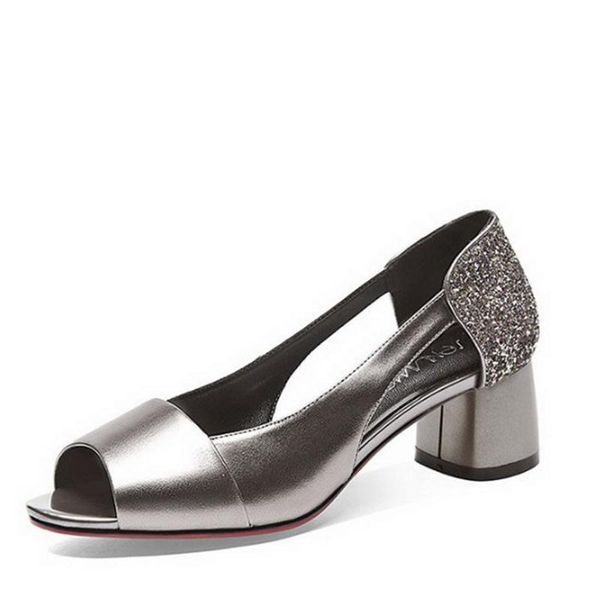 

dress shoes peep toe sandals woman mid heel work for office lady soft pu leather summer heels square sequince the back 2021, Black